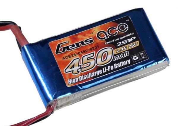 GENS ACE 450mAh 7.4V 25/50C 2S1P LIPO BATTERY PACK