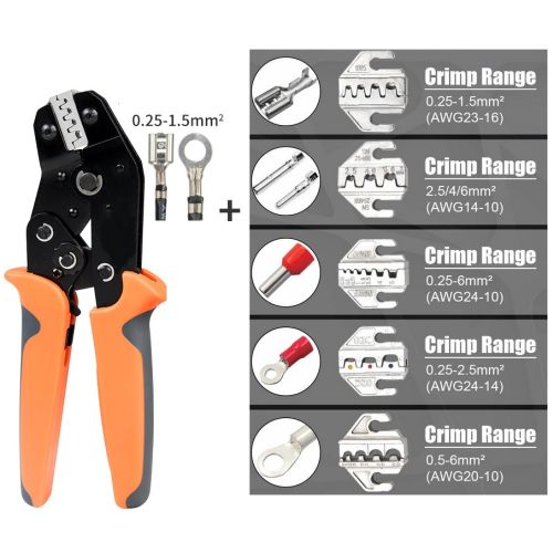Ratchet crimping pliers with Quick release Interchangeable Jaws, set with 6 sets of Jaws and Carry Case