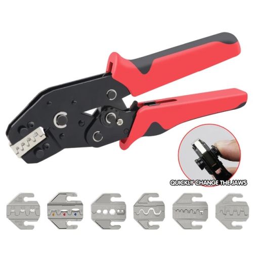 Ratchet crimping pliers with Quick release Interchangeable Jaws, set with 6 sets of Jaws and Soft Case